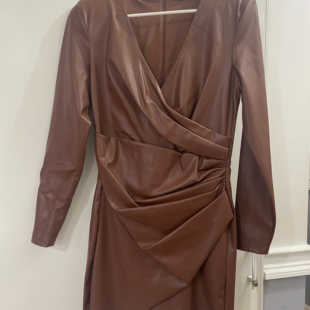 Zara Brown Long Sleeve Faux Leather Dress